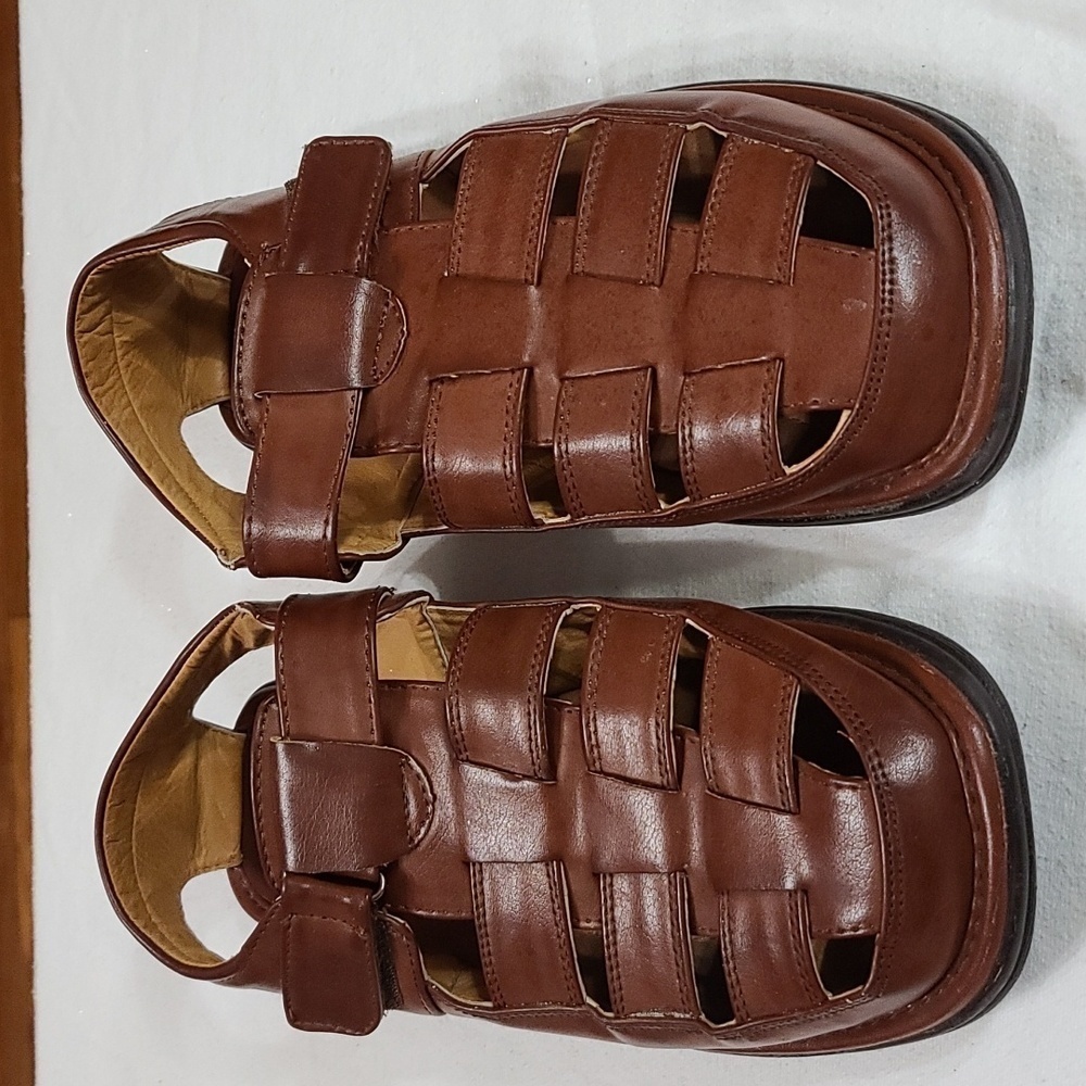 Faranzi Mens Faux Leather‎ Fisherman Sandals Brown Hook&Loop Sz 11 EUC
